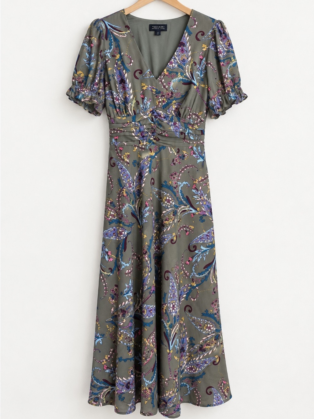 Tahari Olive Green Floral Paisley Short Sleeve Midi Dress Women’s 4 Romantic